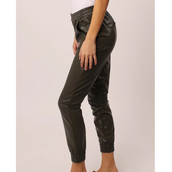 Dear John NWT Jacey Dark Olive Green Faux Vegan Leather Pull On Jogger Pants - Picture 2 of 9